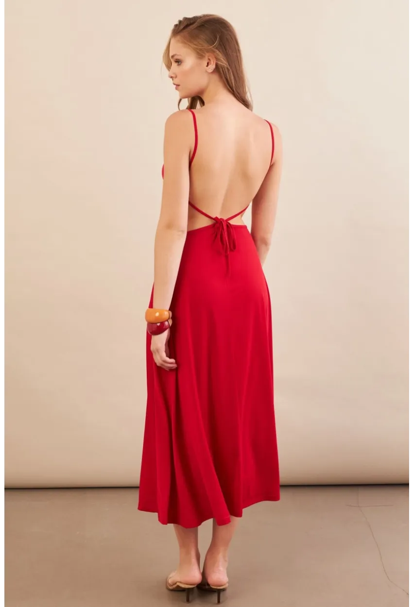 Kadın Kırmızı Sırtı Açık Halter Yaka Midi Elbise AN7036