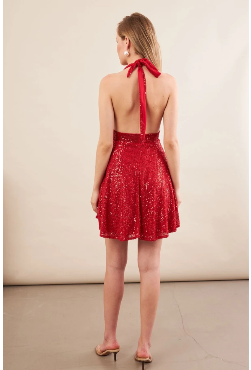 Kadın Kırmızı Sırtı Açık Payetli Astarlı Mini Elbise DCF046