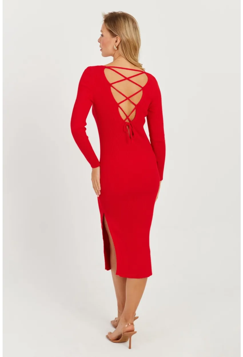 Kadın Kırmızı Sırtı Çapraz Triko Midi Elbise YZ407