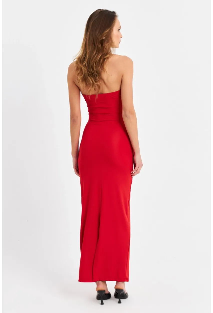 Kadın Kırmızı Straplez Yırtmaçlı Midi Elbise XC005