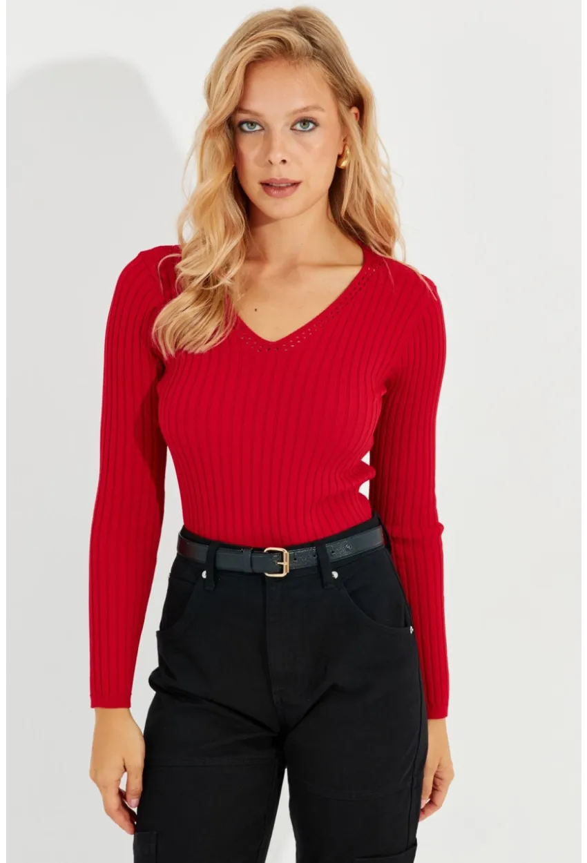 Kadın Kırmızı V Yaka Fitilli Triko Bluz SMT216