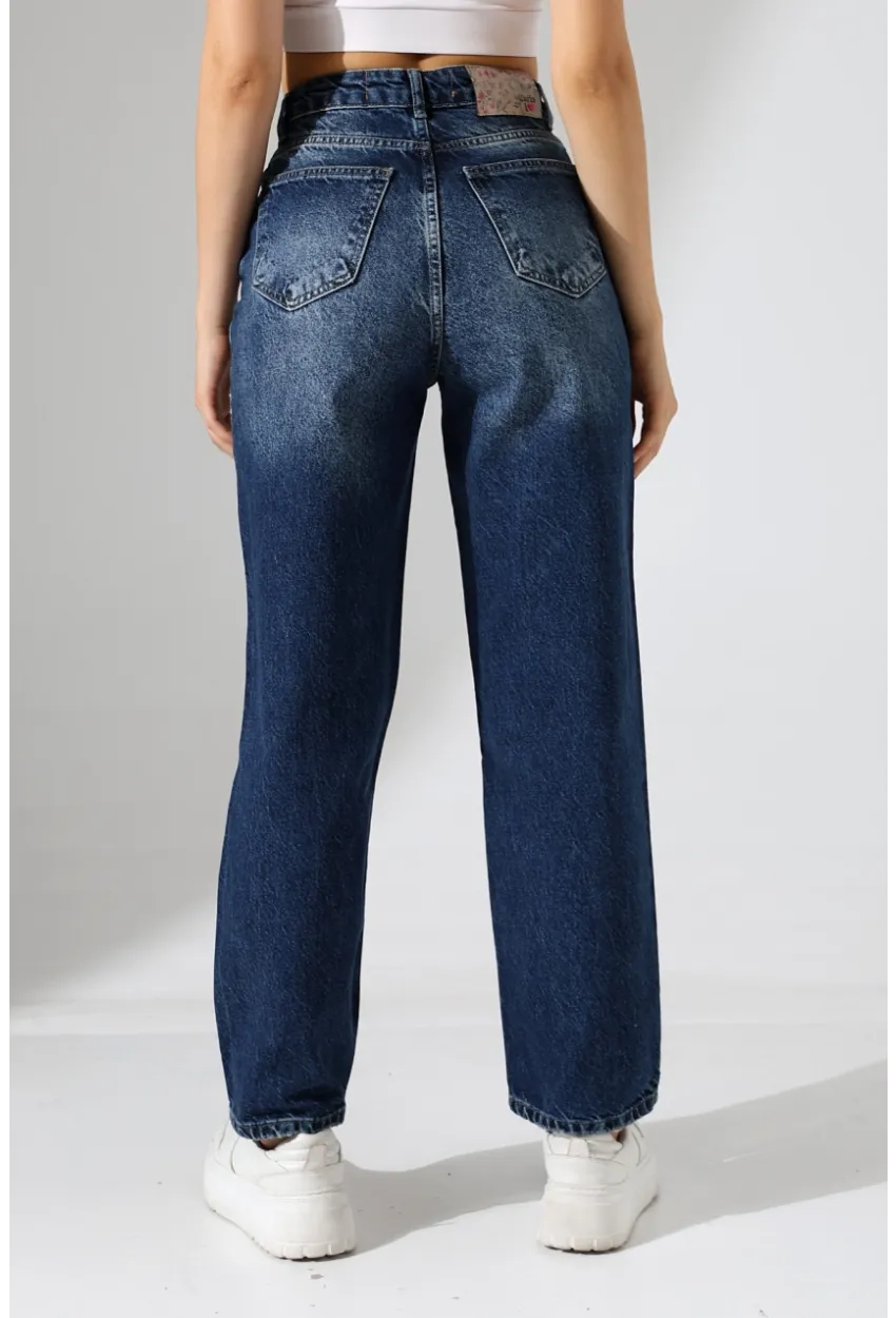 Kadın Koyu Mavi Yüksek Bel Düz Paça Jean
