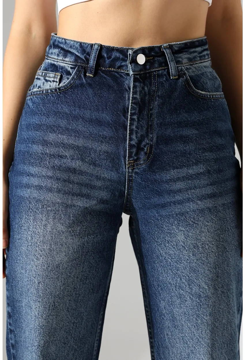 Kadın Koyu Mavi Yüksek Bel Düz Paça Jean