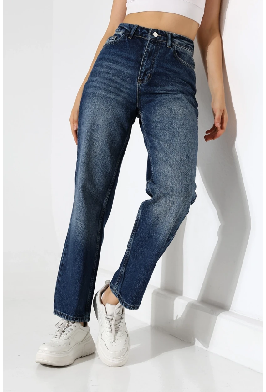 Kadın Koyu Mavi Yüksek Bel Düz Paça Jean