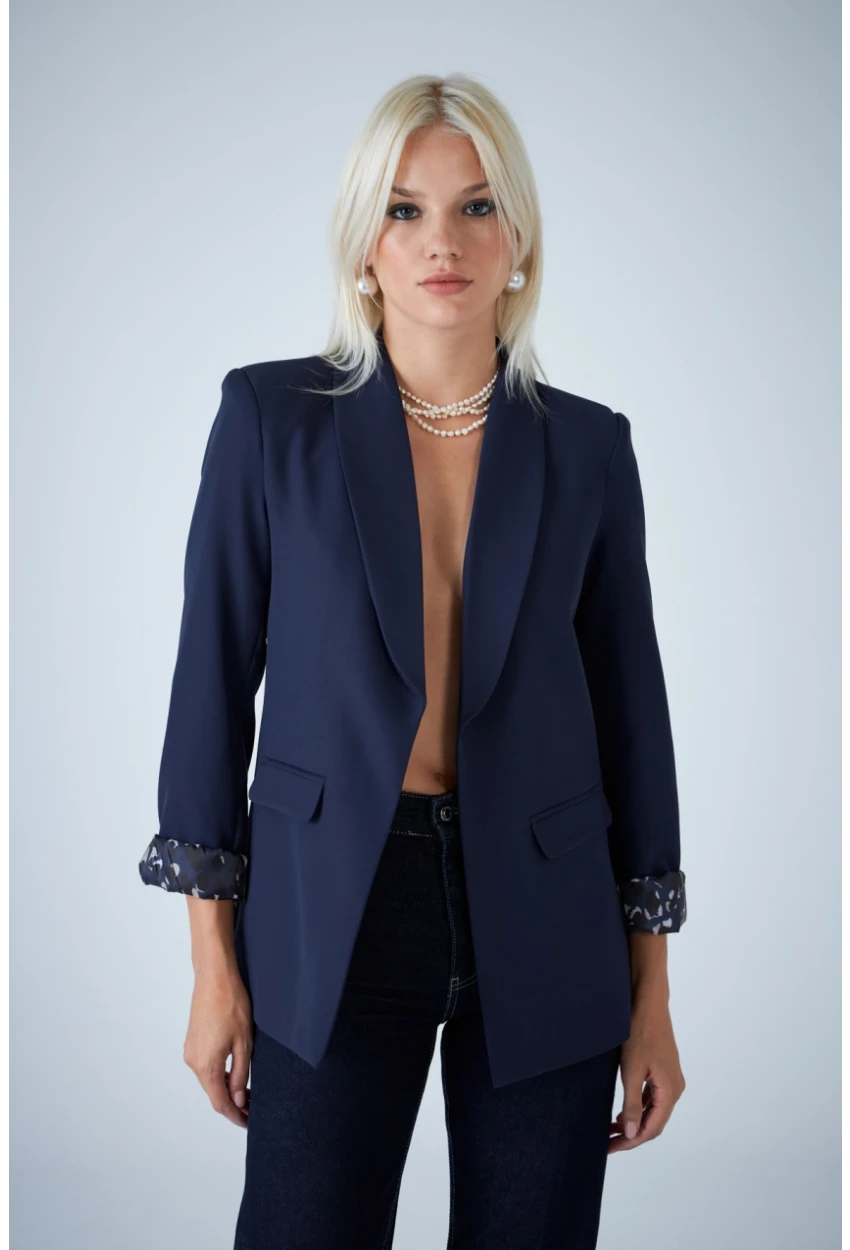 Kadın Lacivert Astarı Desenli Blazer Ceket BES3049