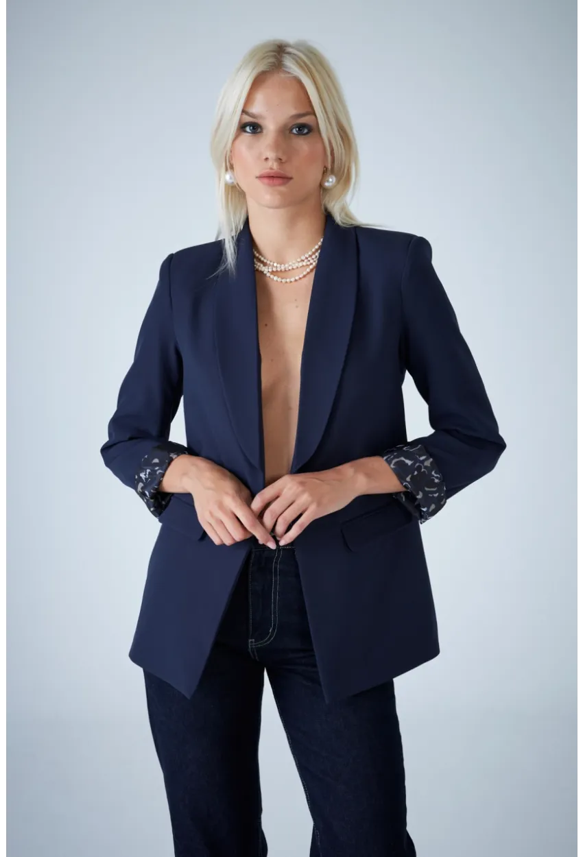 Kadın Lacivert Astarı Desenli Blazer Ceket BES3049