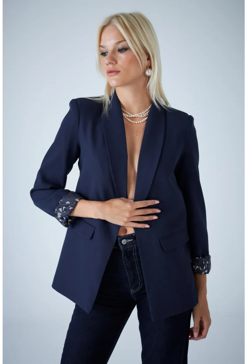 Kadın Lacivert Astarı Desenli Blazer Ceket BES3049