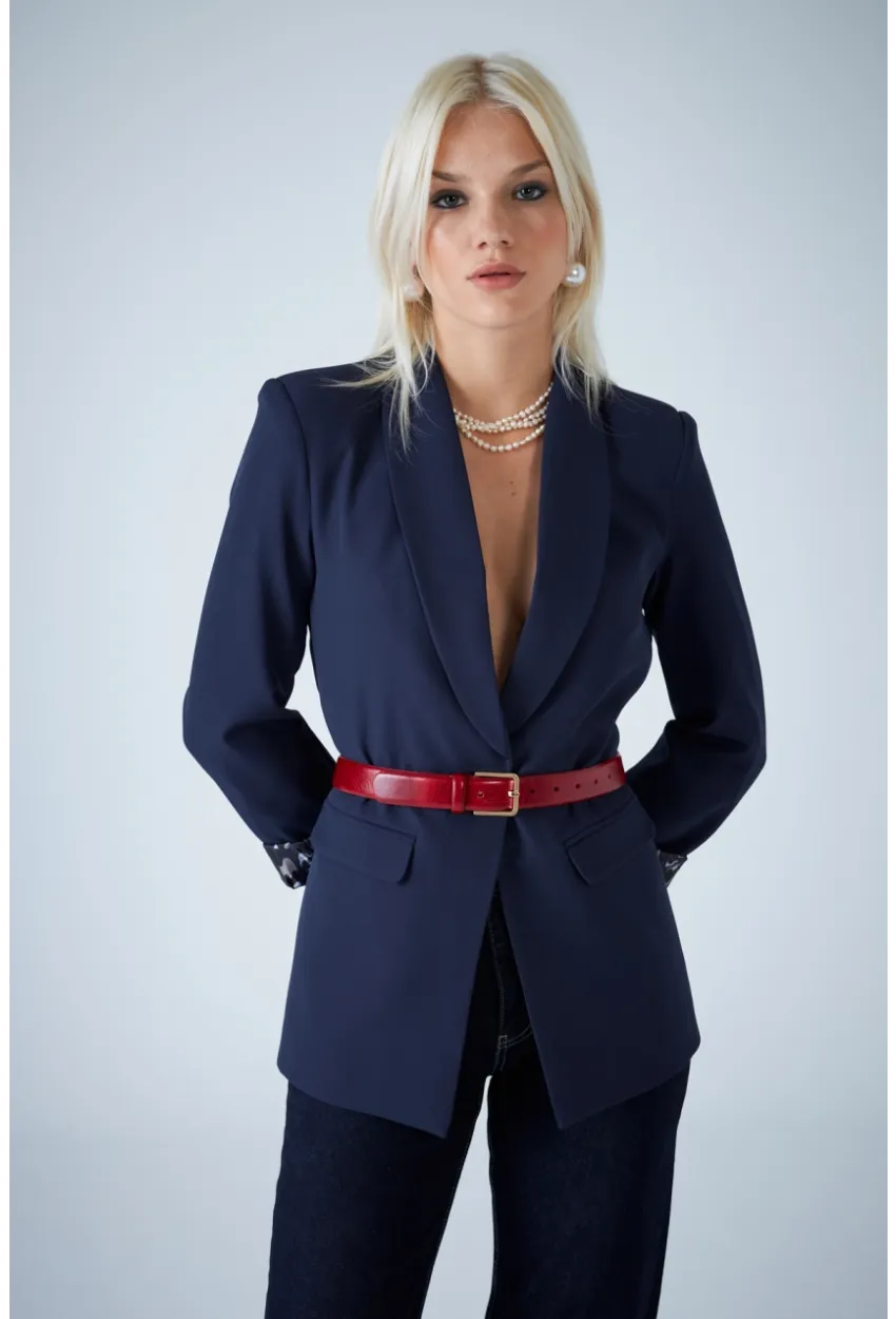 Kadın Lacivert Astarı Desenli Blazer Ceket BES3049