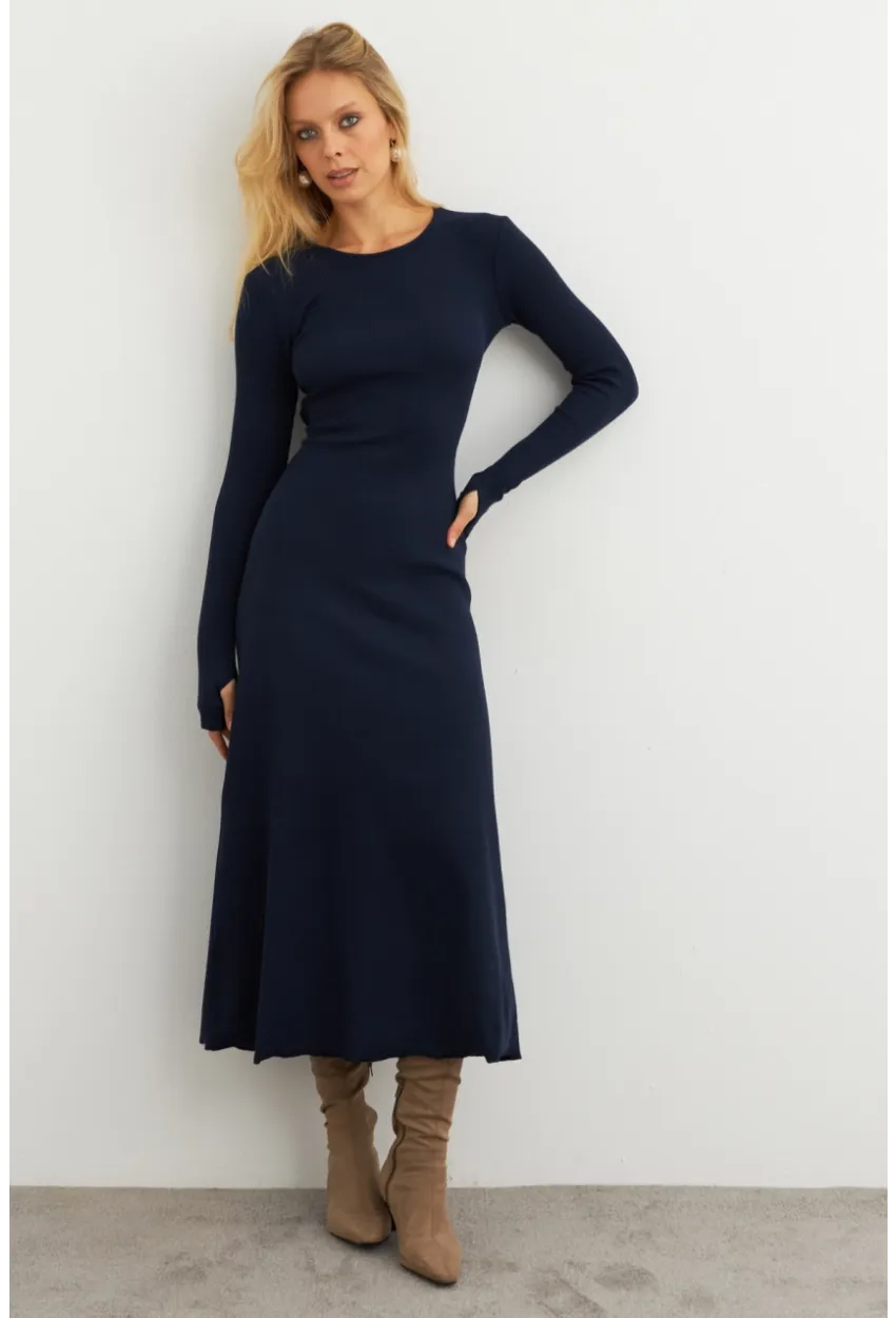 Kadın Lacivert Bağlamalı Kaşkorse Midi Elbise COL2268