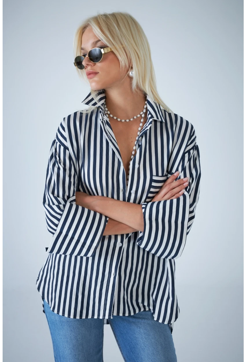 Kadın Lacivert Çizgili Cepli Gömlek ELN601