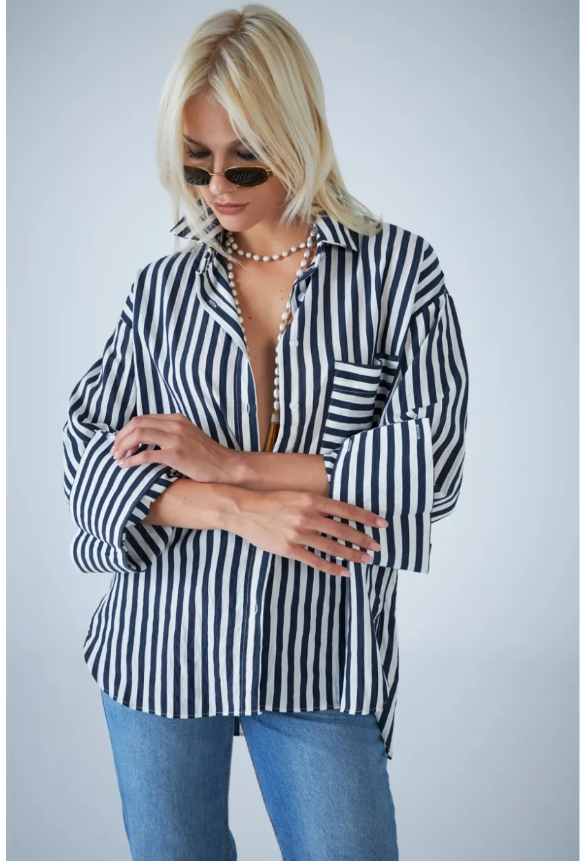Kadın Lacivert Çizgili Cepli Gömlek ELN601