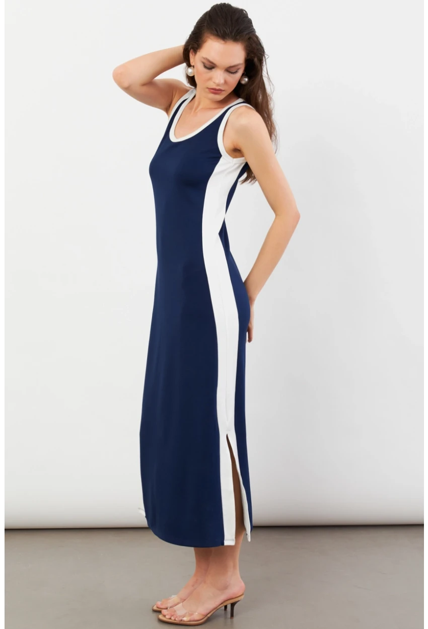 Kadın Lacivert Color Block Yırtmaçlı Midi Elbise UG105