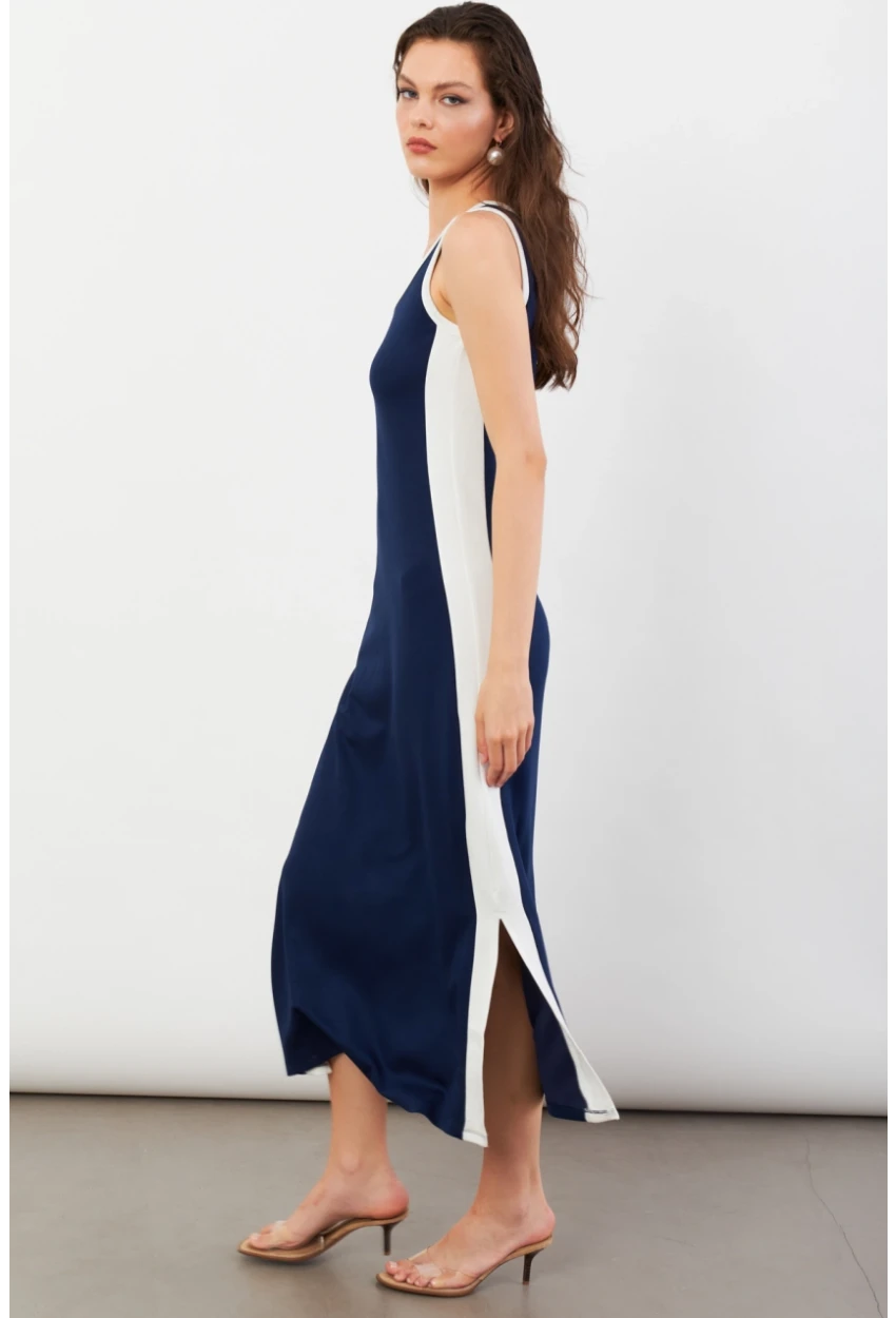 Kadın Lacivert Color Block Yırtmaçlı Midi Elbise UG105