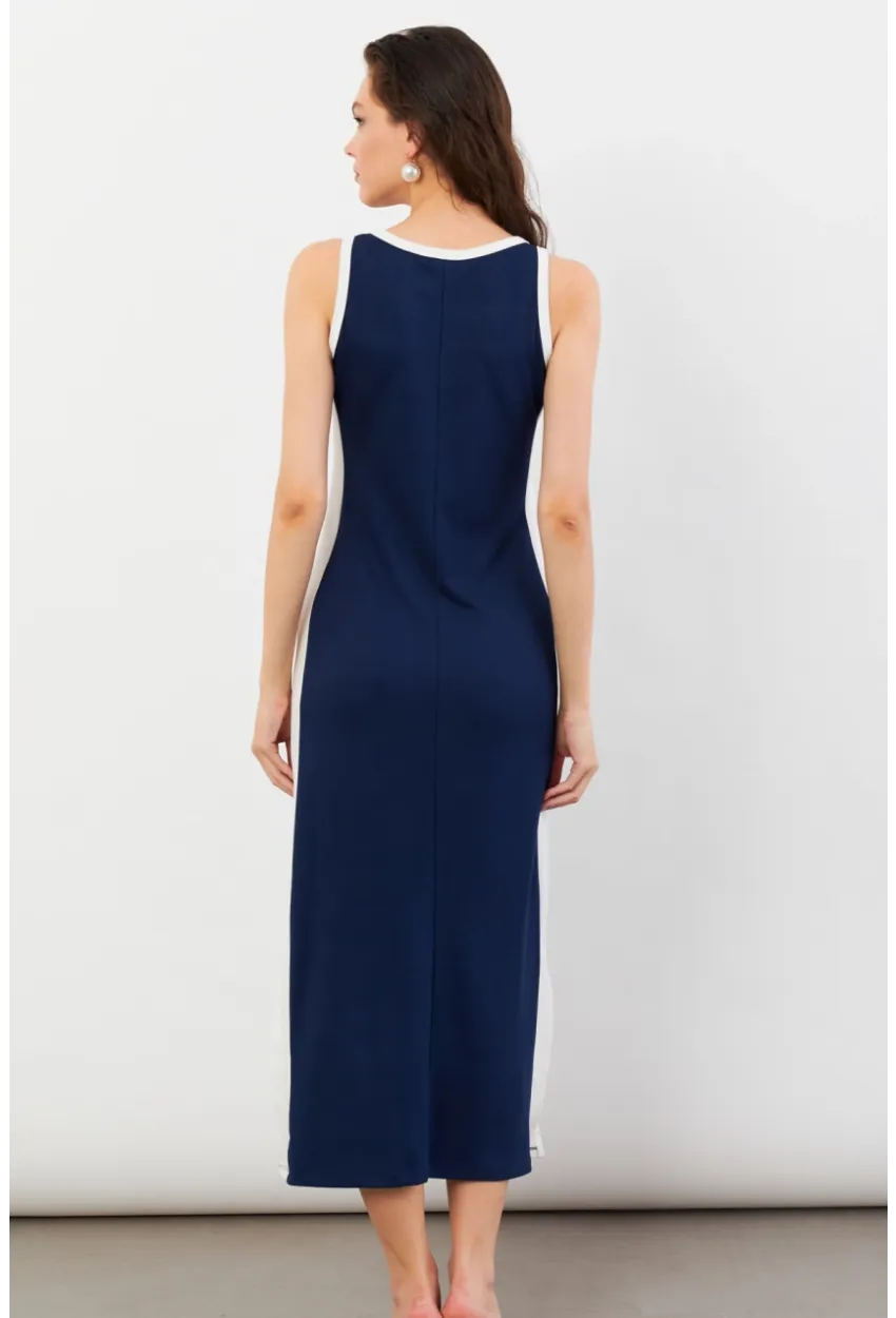 Kadın Lacivert Color Block Yırtmaçlı Midi Elbise UG105
