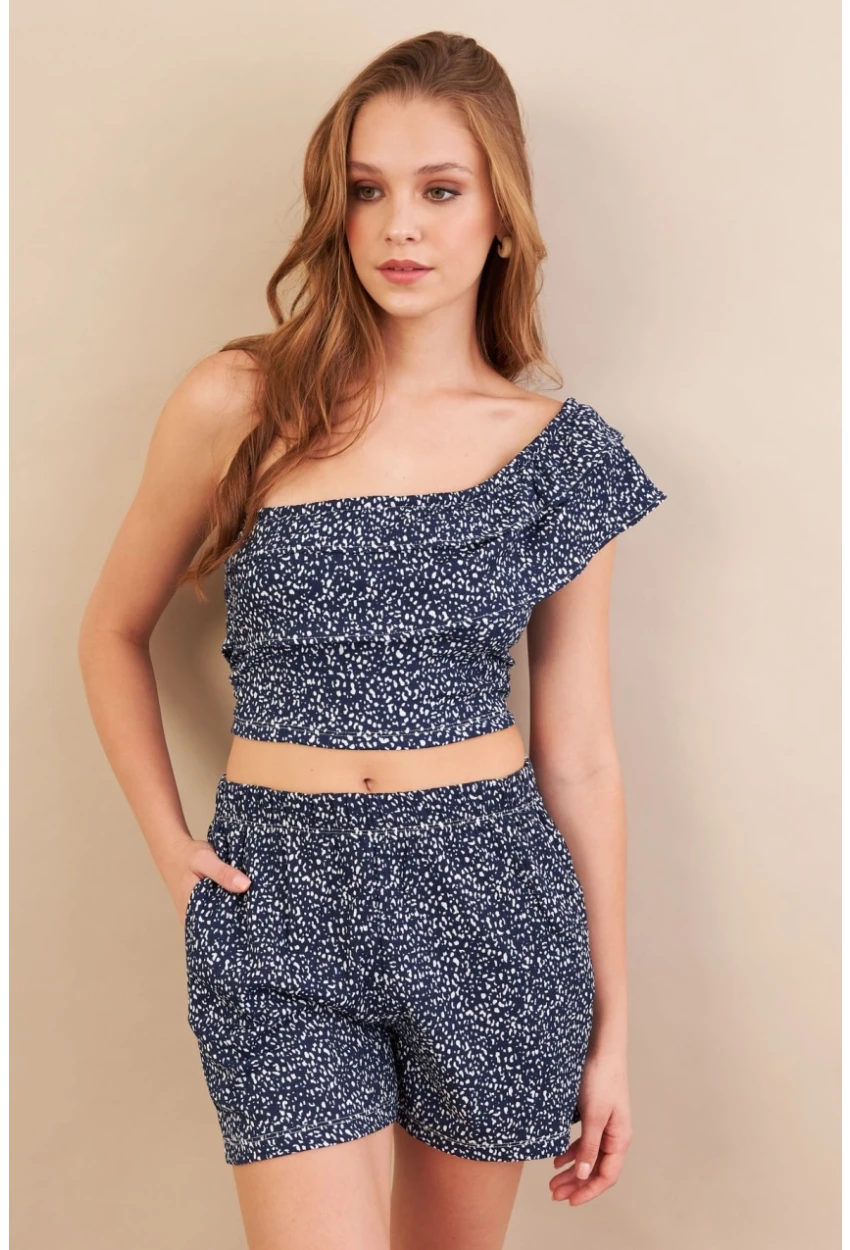 Kadın Lacivert Desenli Crop Şort Takım EV100