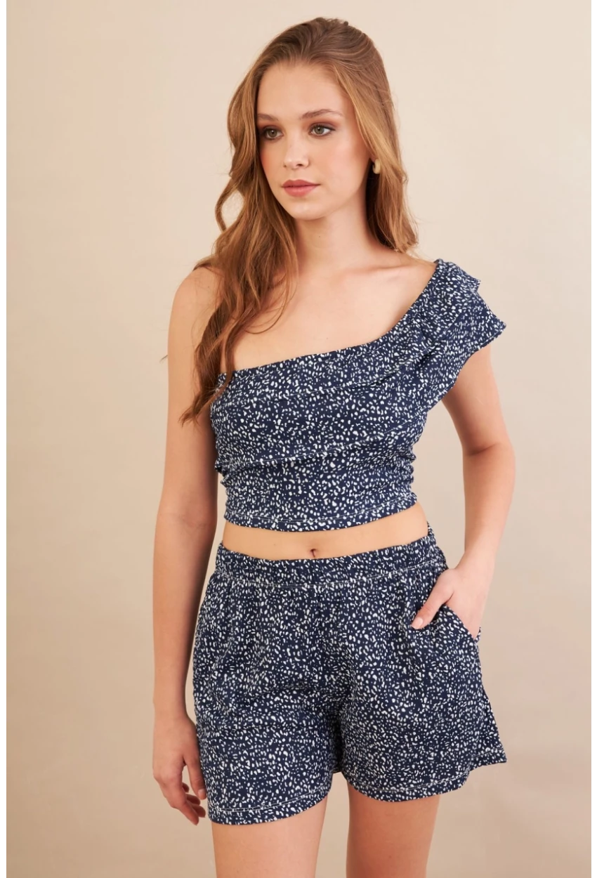 Kadın Lacivert Desenli Crop Şort Takım EV100