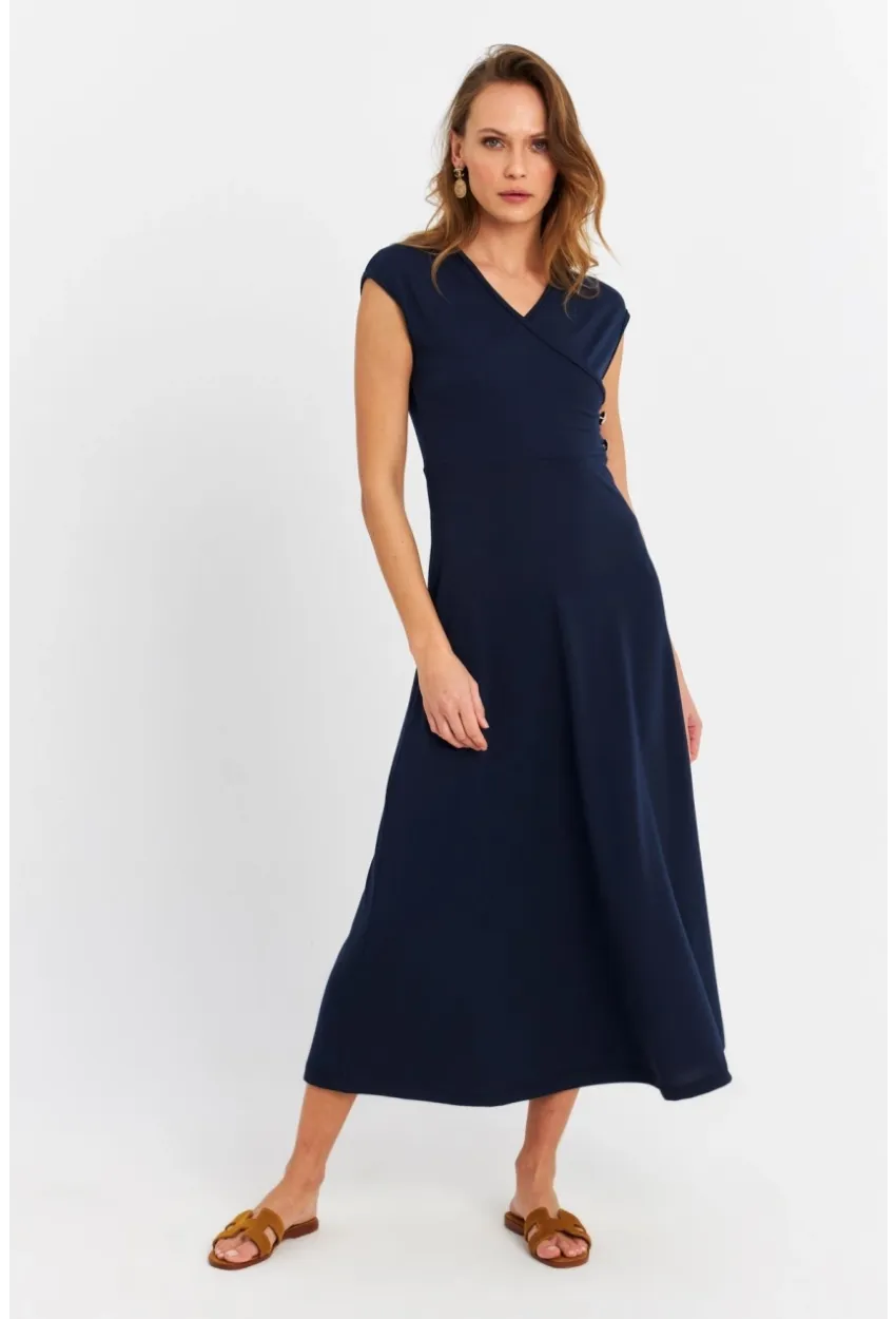 Kadın Lacivert Düğme Detaylı Kruvaze Midi Elbise EY0011
