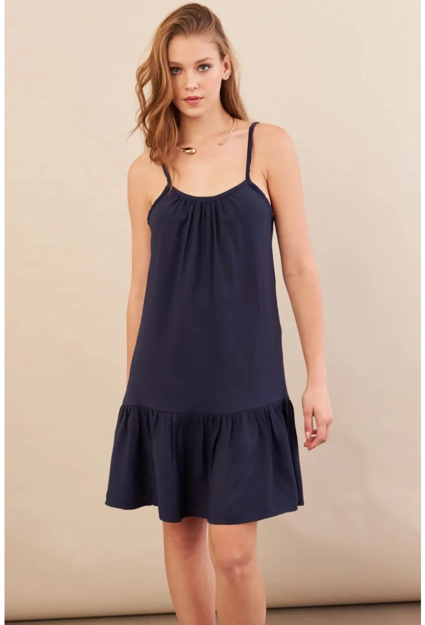 Kadın Lacivert Eteği Volanlı Askılı Midi Elbise OPS4152