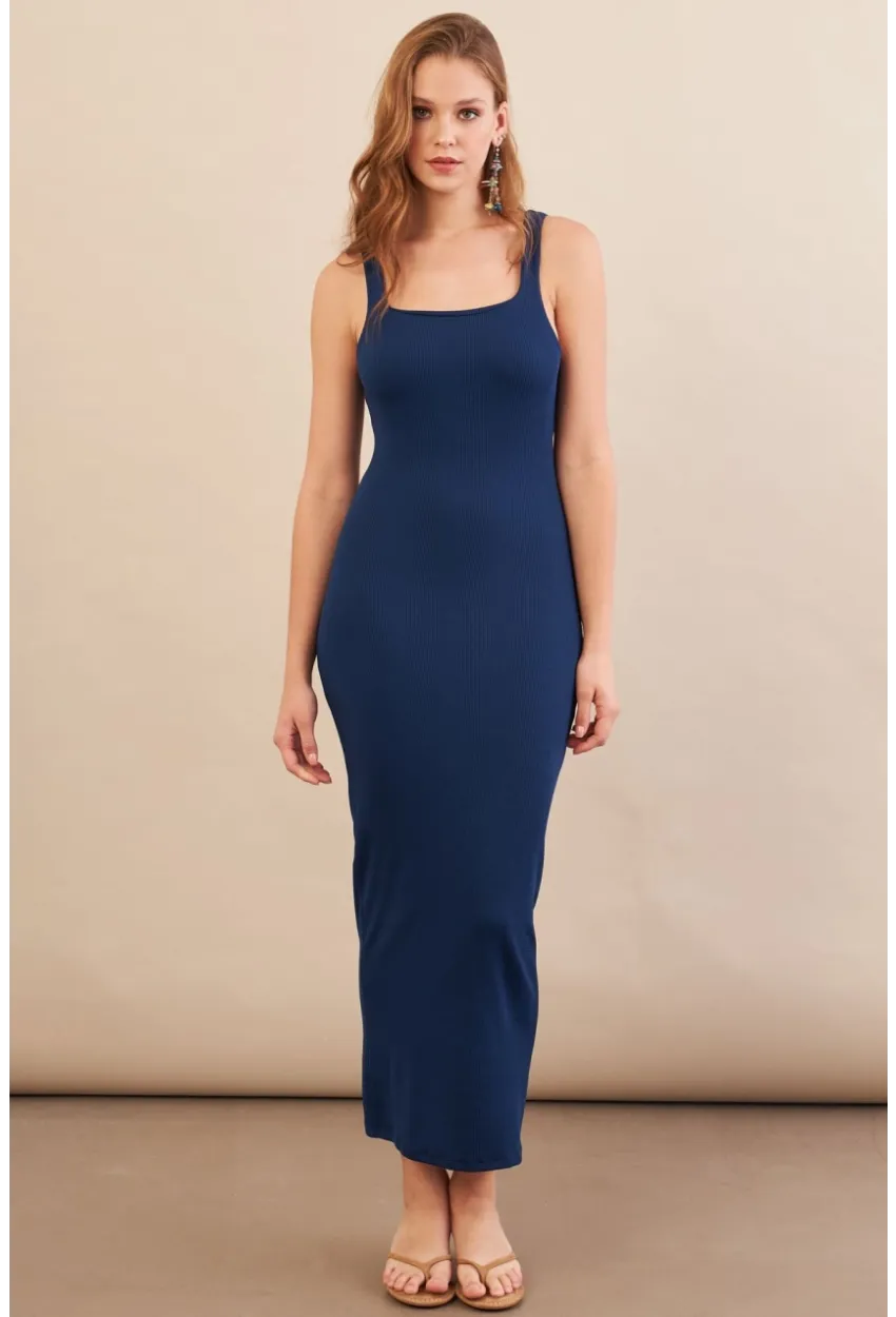 Kadın Lacivert Kare Yaka Midi Elbise DMR295-90