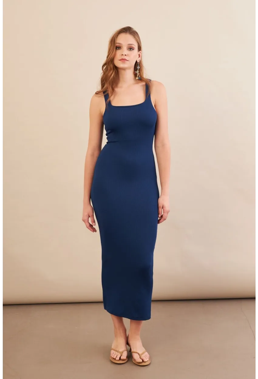 Kadın Lacivert Kare Yaka Midi Elbise DMR295-90