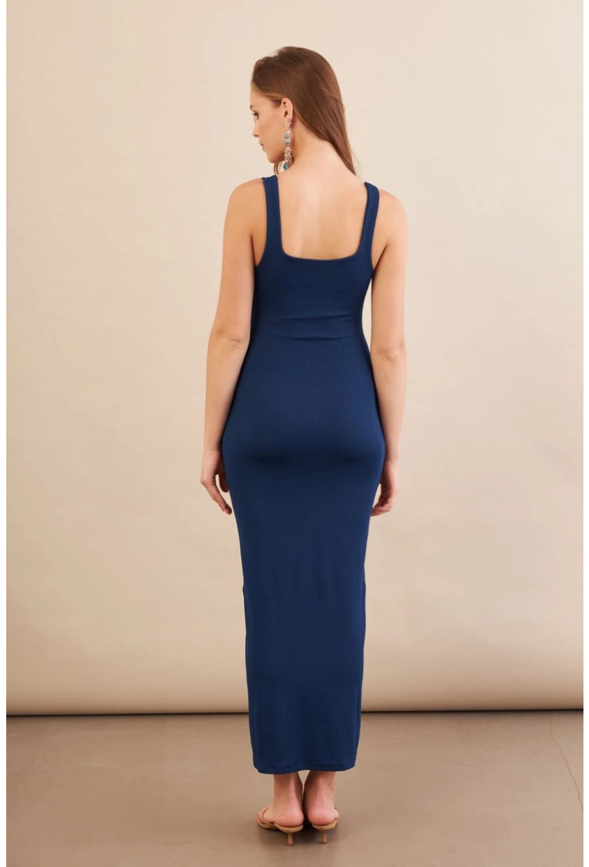 Kadın Lacivert Kare Yaka Midi Elbise DMR295-90