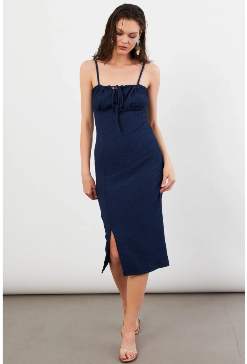 Kadın Lacivert Önü Bağlamalı Rustik Midi Elbise FRO2001