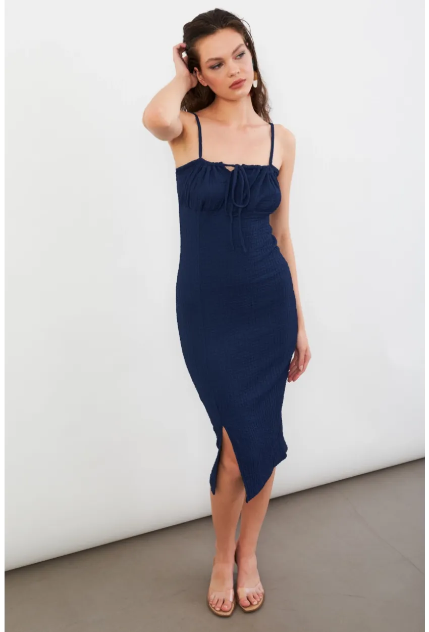 Kadın Lacivert Önü Bağlamalı Rustik Midi Elbise FRO2001