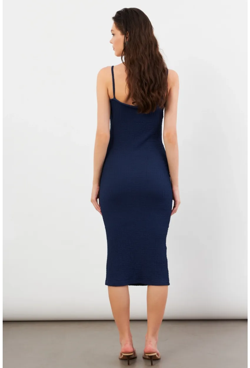 Kadın Lacivert Önü Bağlamalı Rustik Midi Elbise FRO2001