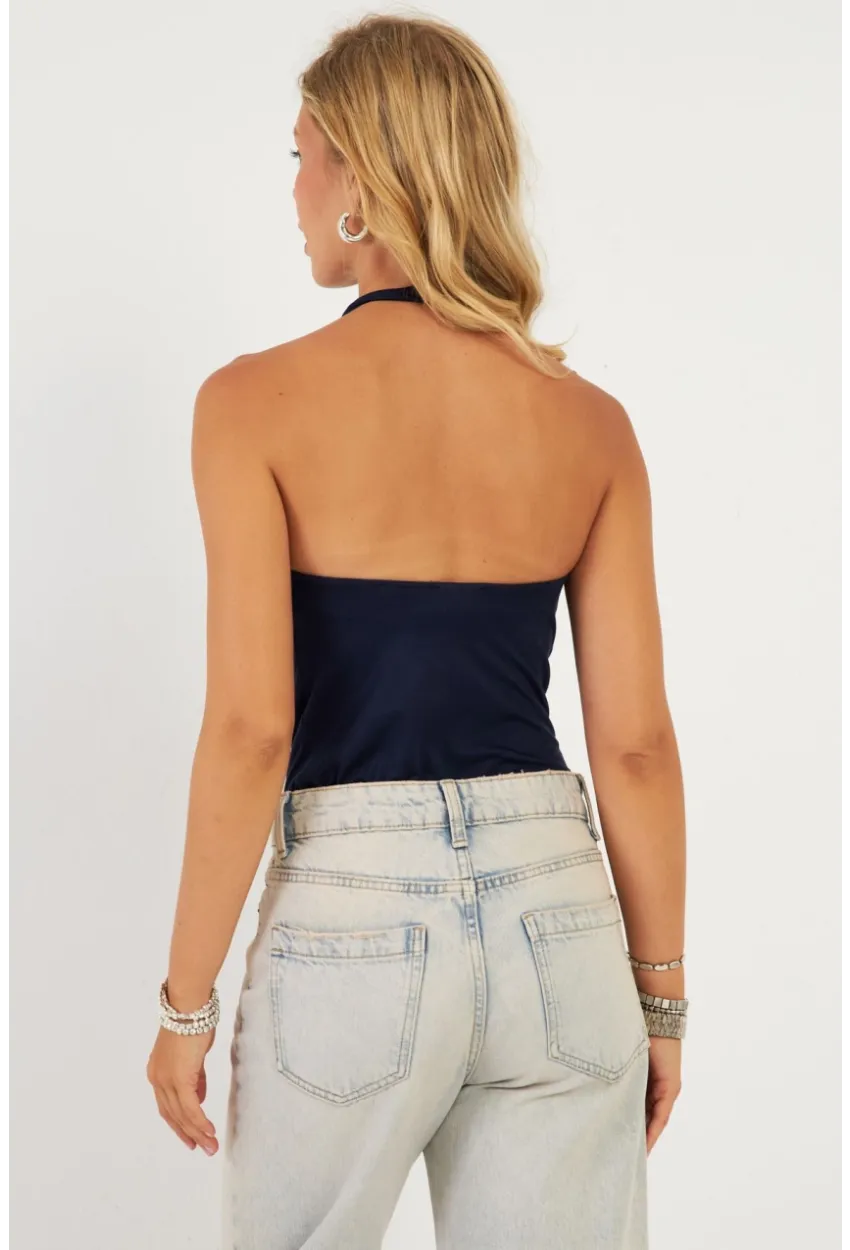 Kadın Lacivert Sırtı Açık Çıtçıtlı Body LPP1295