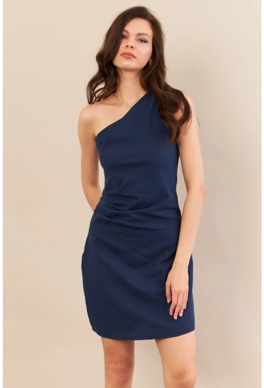 Kadın Lacivert Tek Omuz Astarlı Mini Keten Elbise AYD416