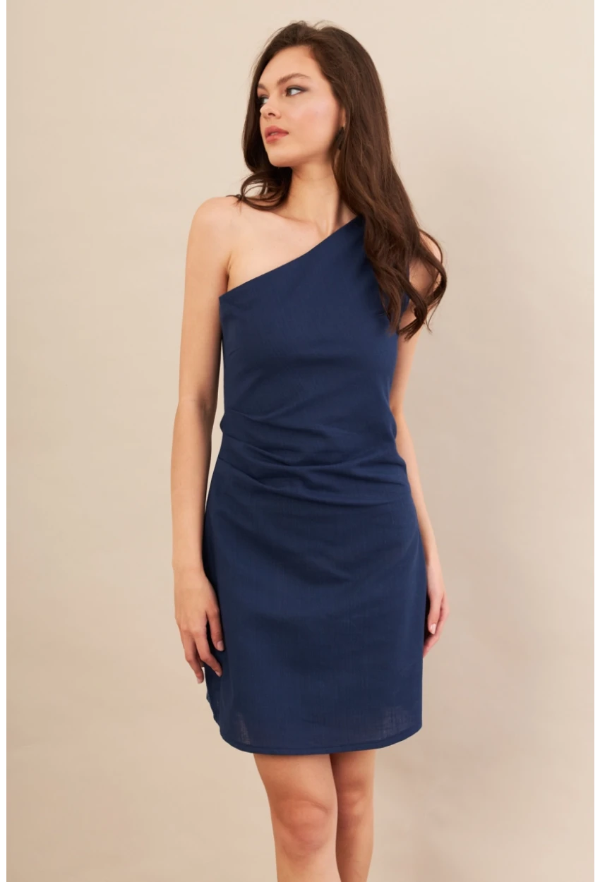 Kadın Lacivert Tek Omuz Astarlı Mini Keten Elbise AYD416
