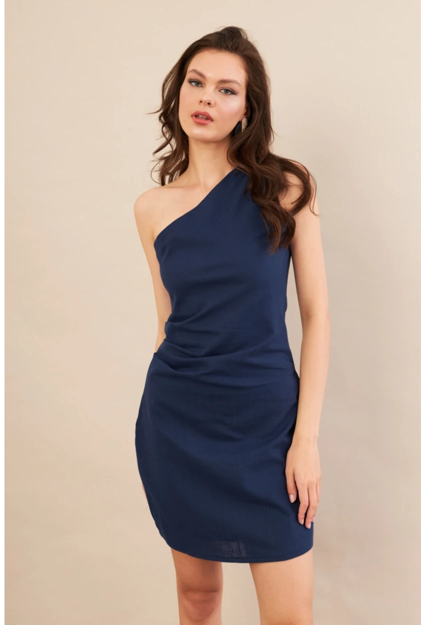 Kadın Lacivert Tek Omuz Astarlı Mini Keten Elbise AYD416