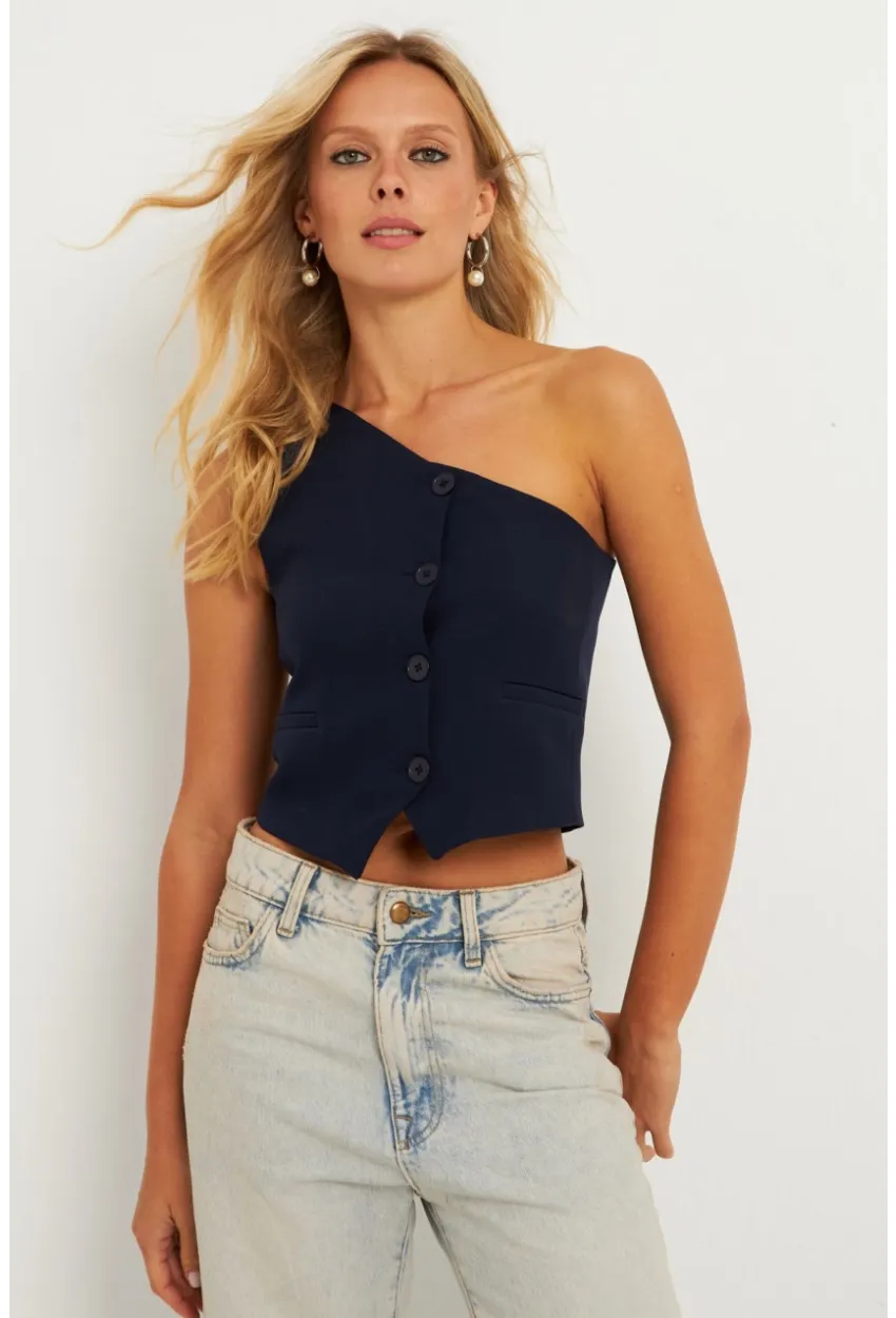Kadın Lacivert Tek Omuz Astarlı Yelek TW60140