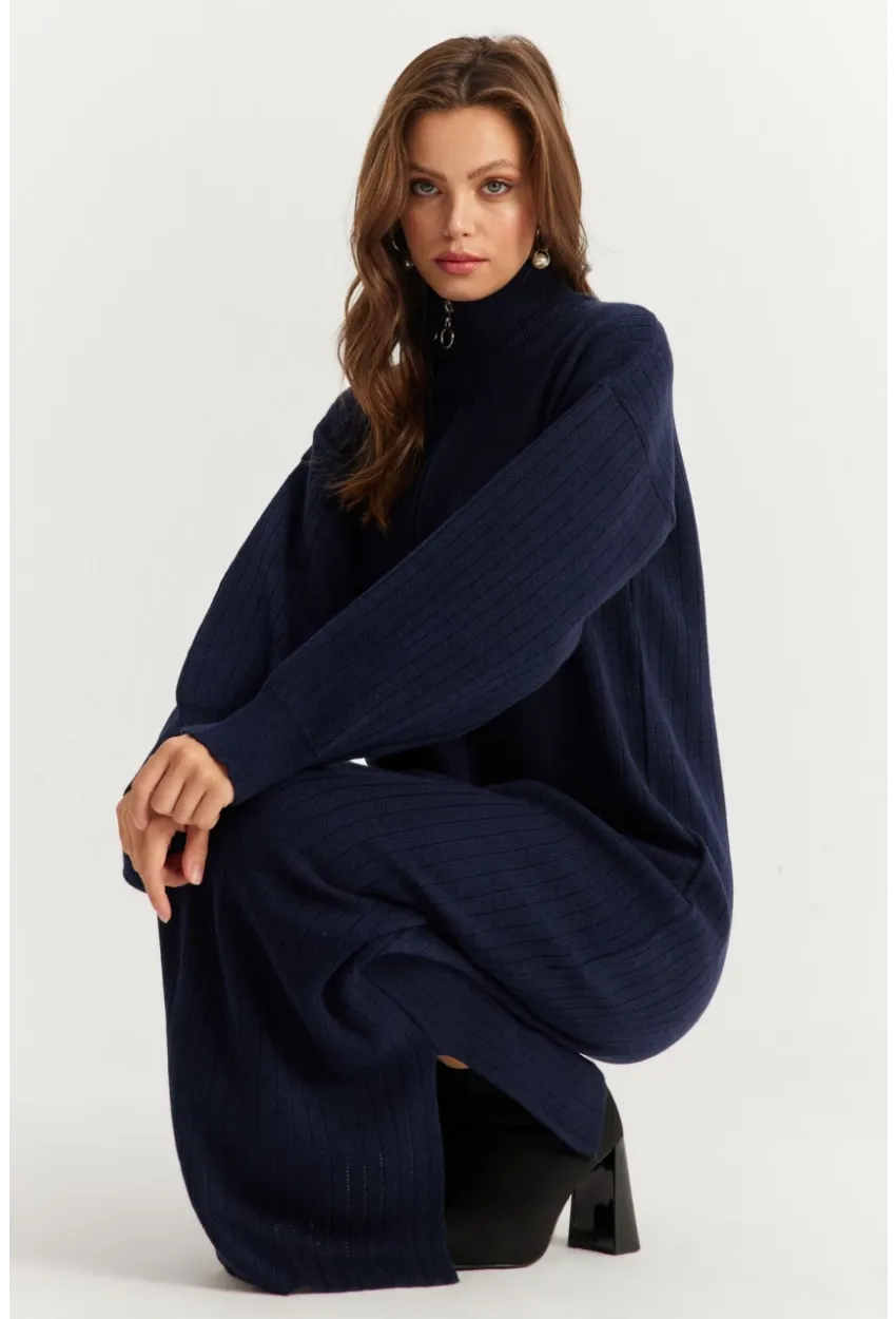 Kadın Lacivert Yakası Fermuarlı Triko Maxi Elbise MNUV10