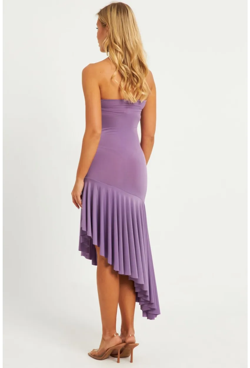 Kadın Lila Straplez Asimetrik Midi Elbise DMR337