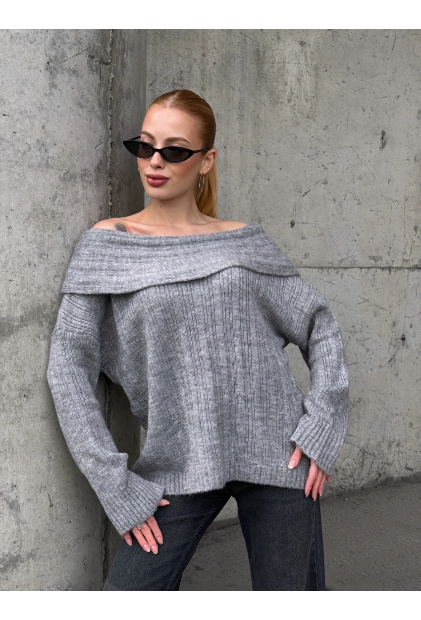 Kadın Madonna Yaka Triko Gri