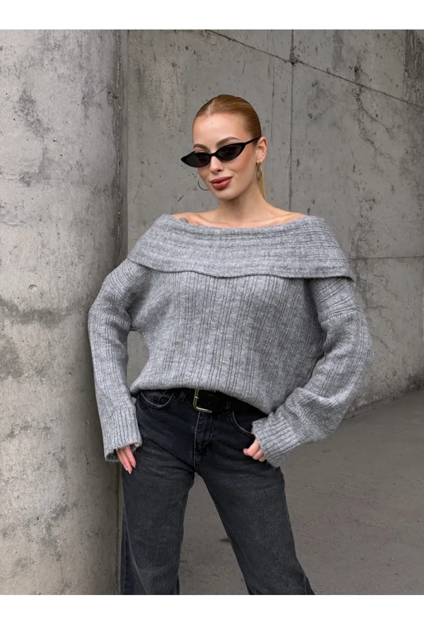 Kadın Madonna Yaka Triko Gri