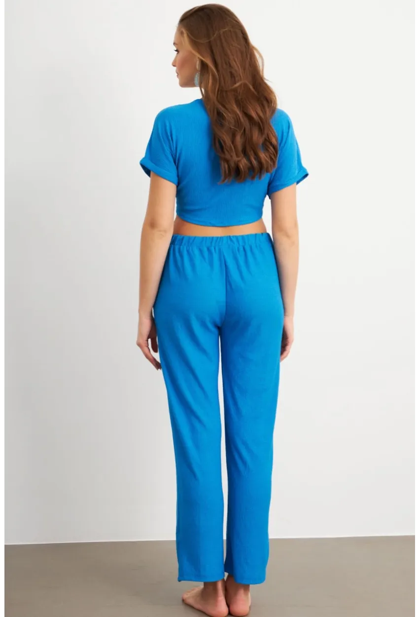 Kadın Mavi Bağlamalı Bürümcük Takım Q1012