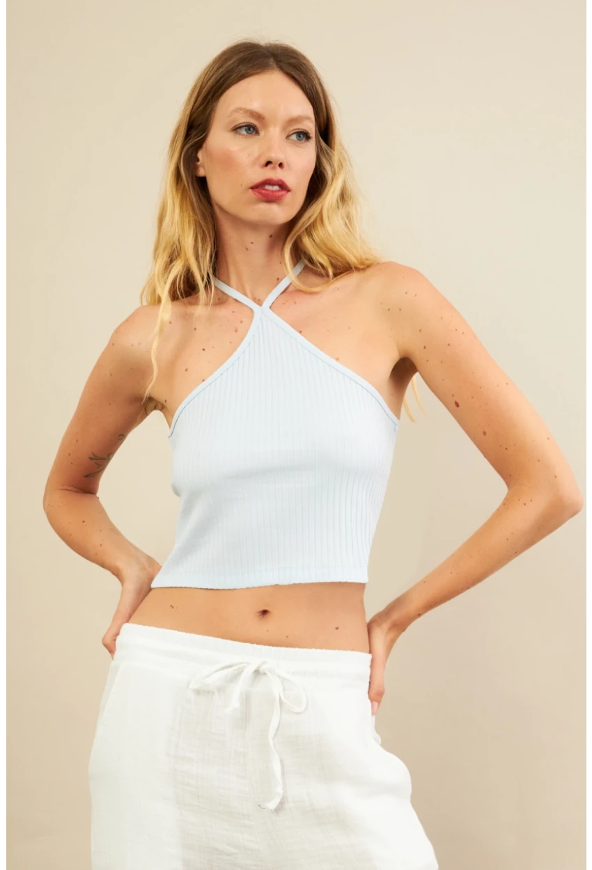 Kadın Mavi Boncuk Detaylı Sırtı Açık Bluz LPP1245-90