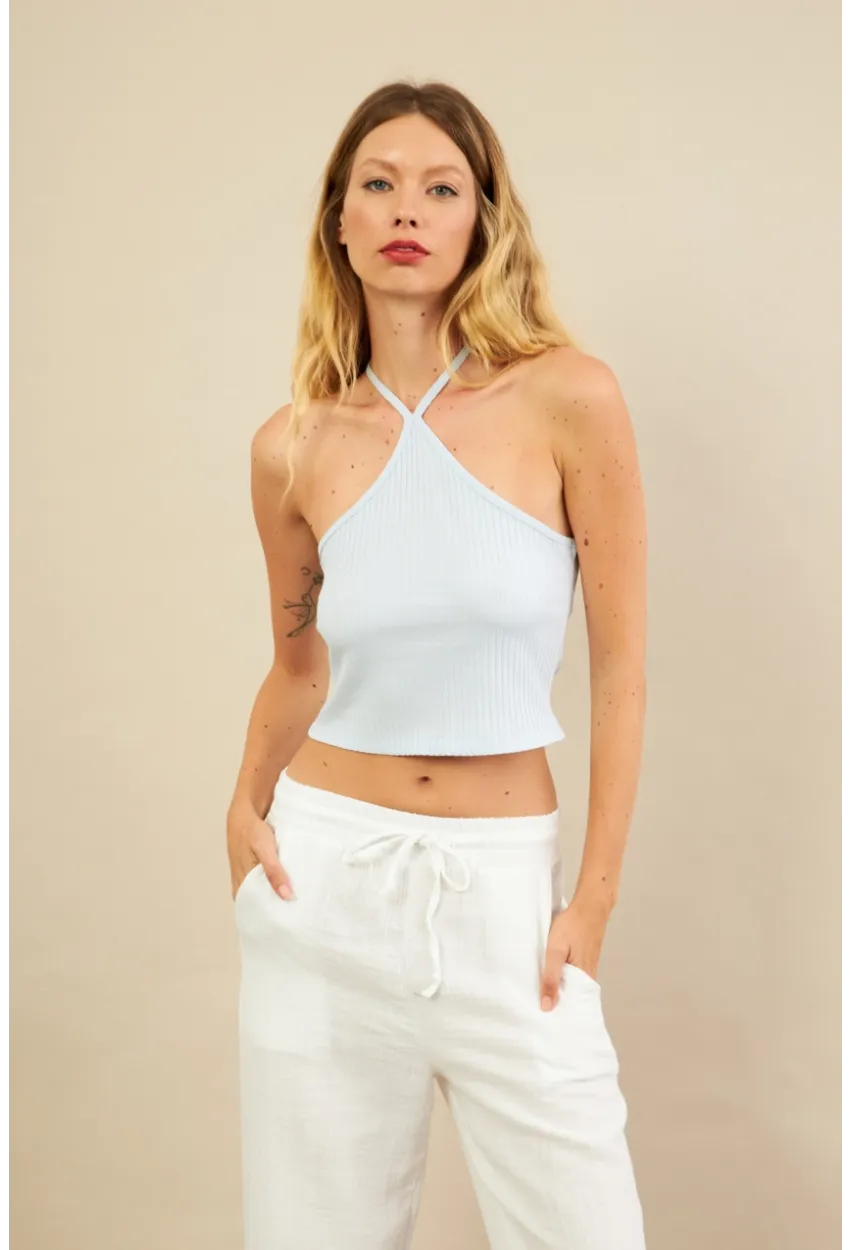 Kadın Mavi Boncuk Detaylı Sırtı Açık Bluz LPP1245-90