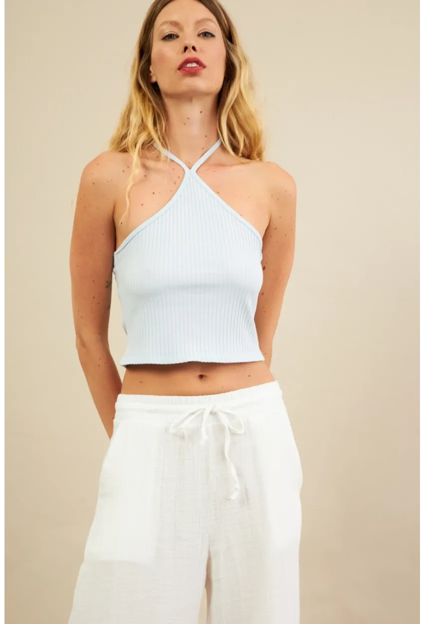 Kadın Mavi Boncuk Detaylı Sırtı Açık Bluz LPP1245-90