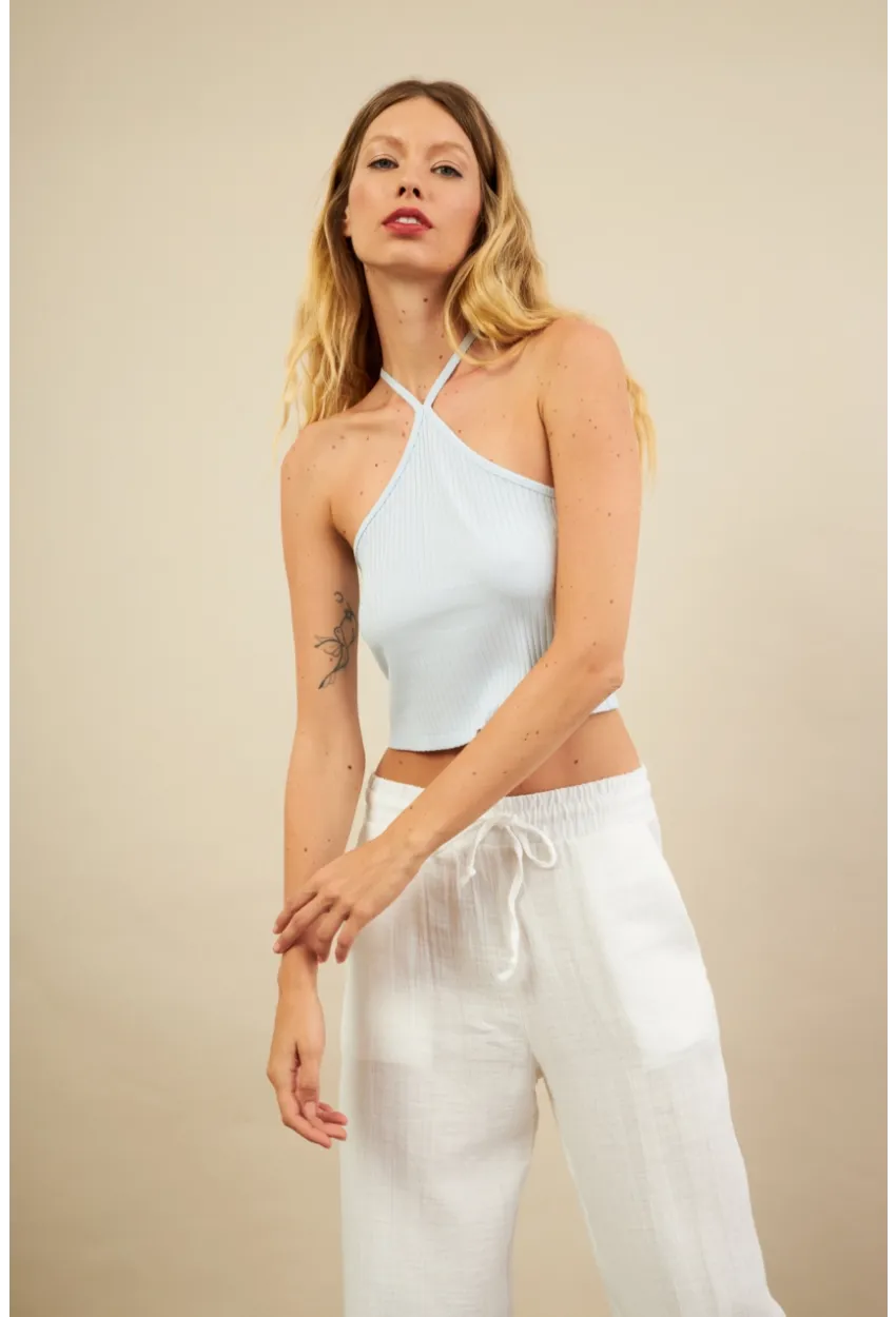 Kadın Mavi Boncuk Detaylı Sırtı Açık Bluz LPP1245-90