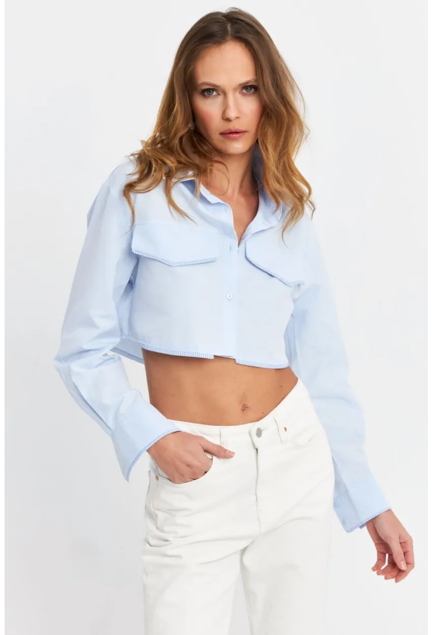 Kadın Mavi Cep Detaylı Crop Gömlek KED4205