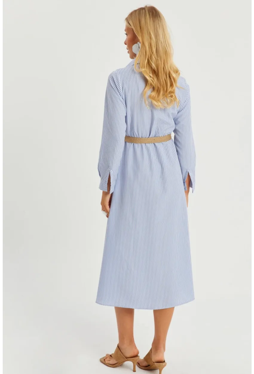 Kadın Mavi Çizgili Midi Gömlek Elbise PP5515