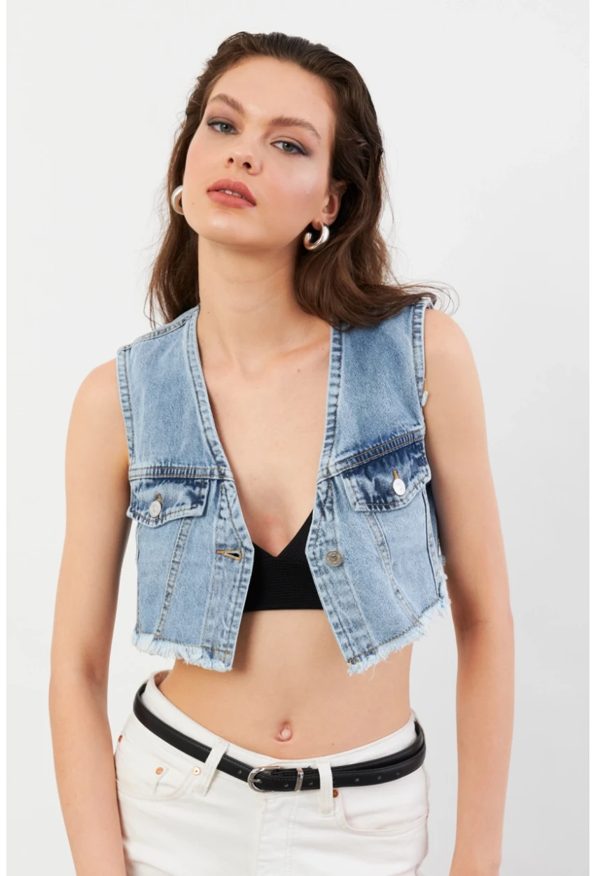 Kadın Mavi Denim Crop Yelek TUR1001