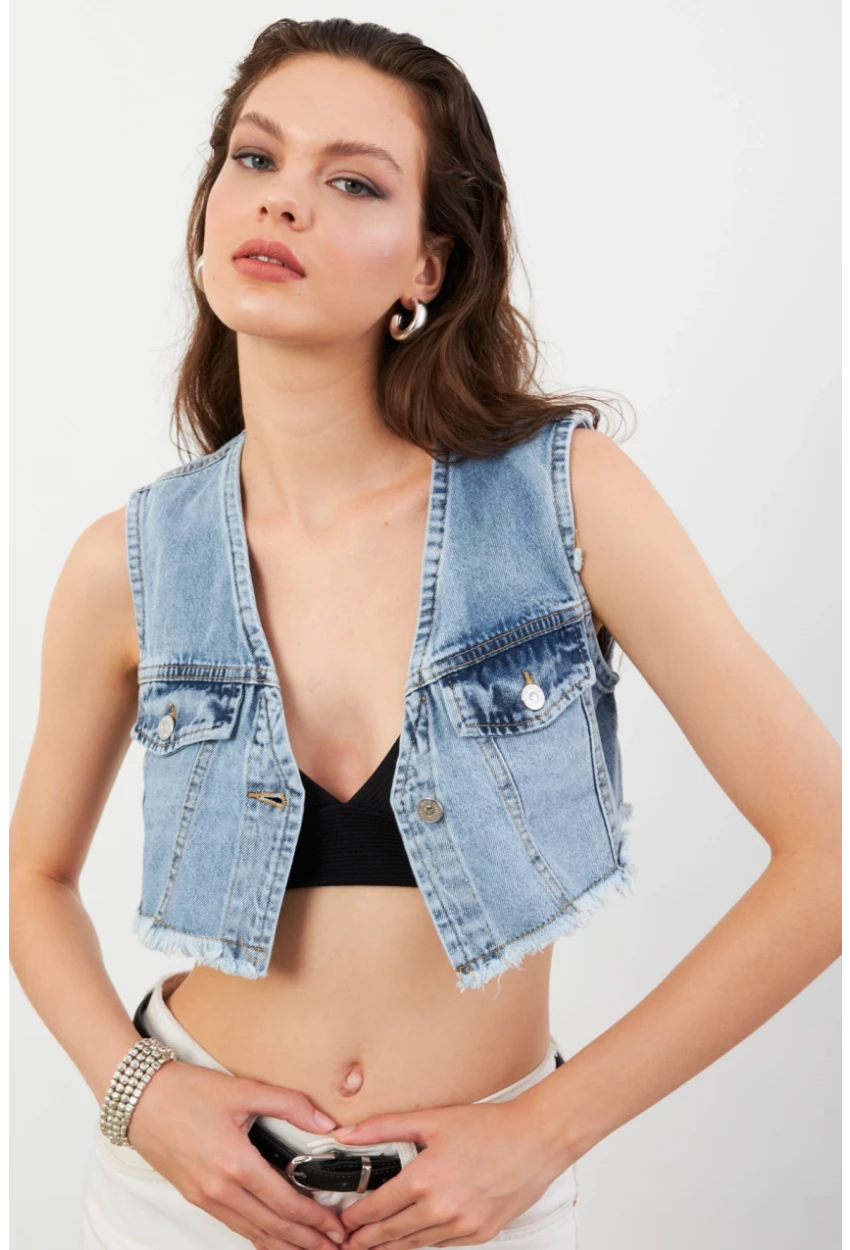 Kadın Mavi Denim Crop Yelek TUR1001