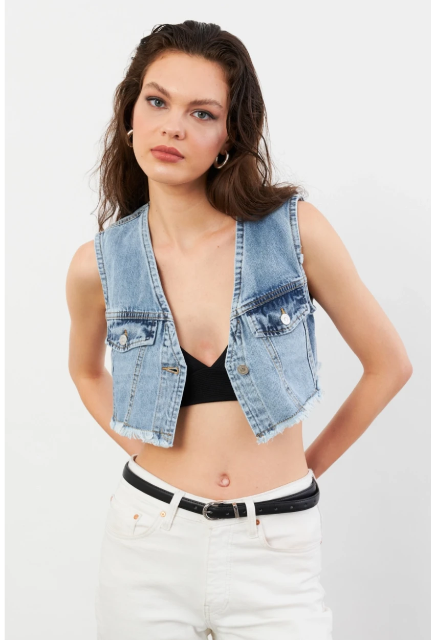 Kadın Mavi Denim Crop Yelek TUR1001