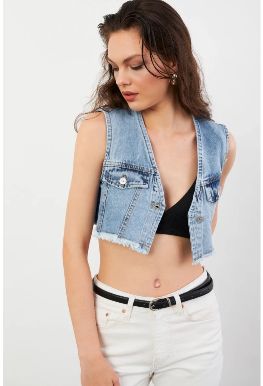 Kadın Mavi Denim Crop Yelek TUR1001