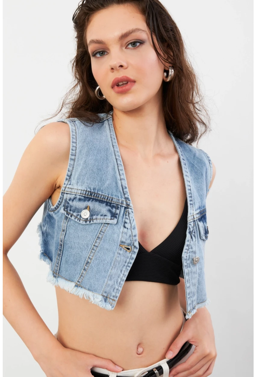 Kadın Mavi Denim Crop Yelek TUR1001
