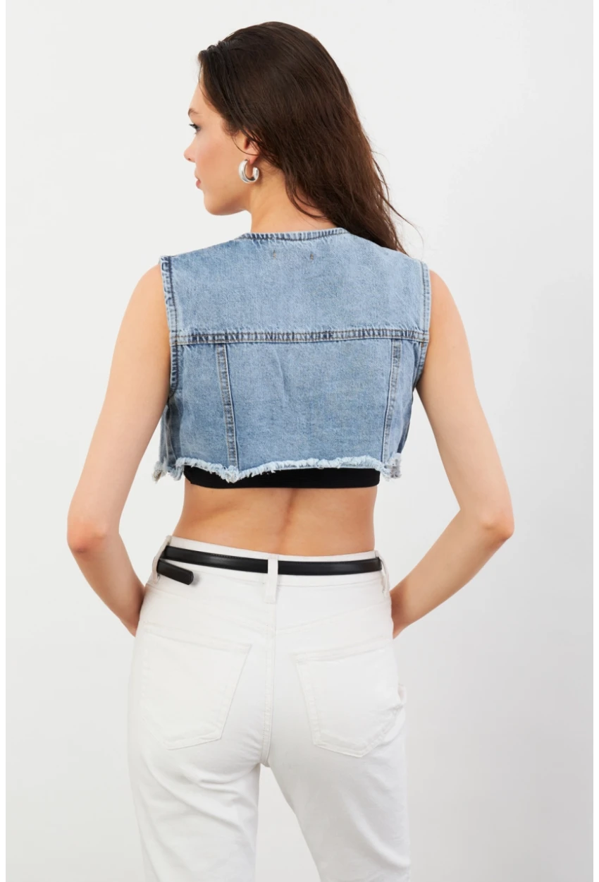 Kadın Mavi Denim Crop Yelek TUR1001